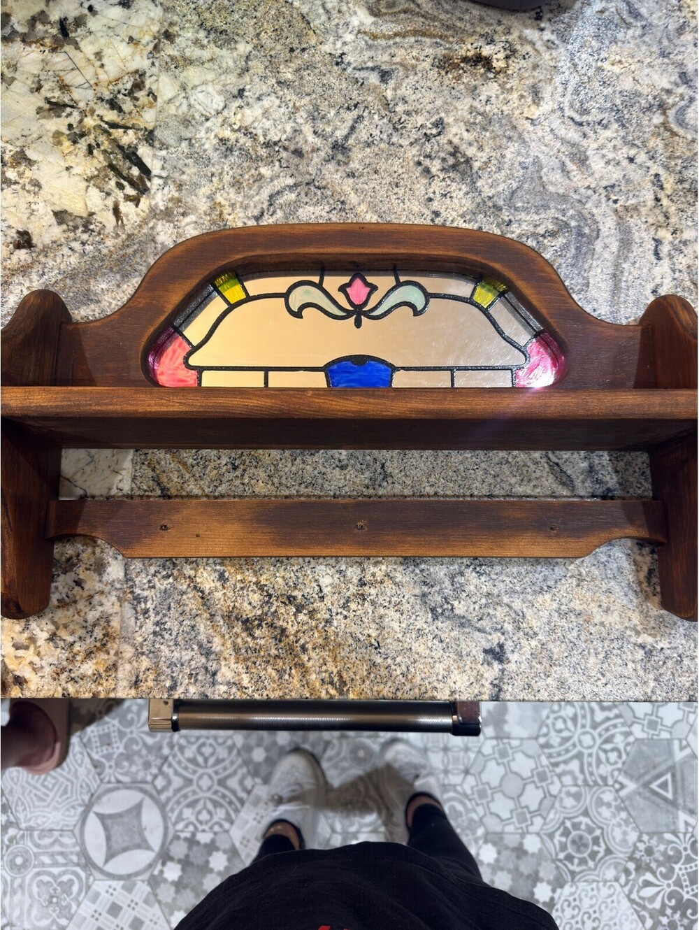 Wood Wall Shelf with Stained Glass Panel Insert